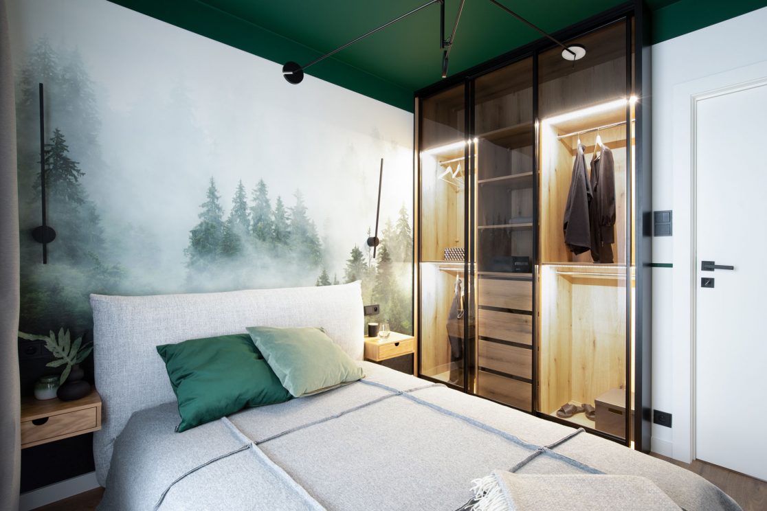 sypialnia z oryginalną zabudową meblową na wymiar - projekt i wykończenie