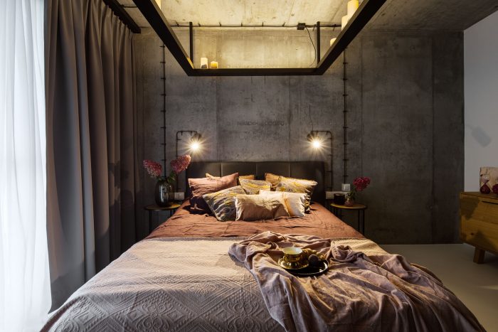 loftowa sypialnia w mikroapartamencie na wynajem, projekt i wykończenie, aranżacja