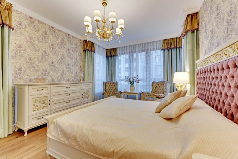 wytworna sypialnia, aranżacja, projekt i wykończenie, Warszawa